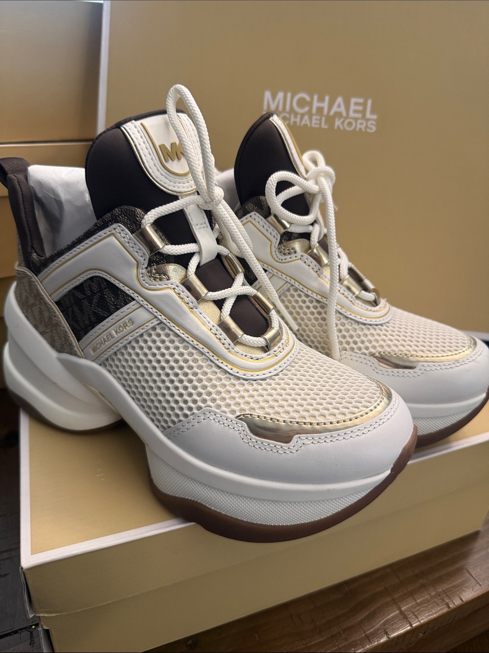 Michael Kors Cream, Brown and Gold Platform Sneakers